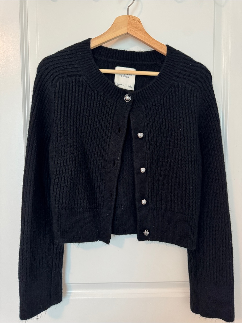 A&F Black Cropped Ribbed Cardigan Sweater Pearl Buttons